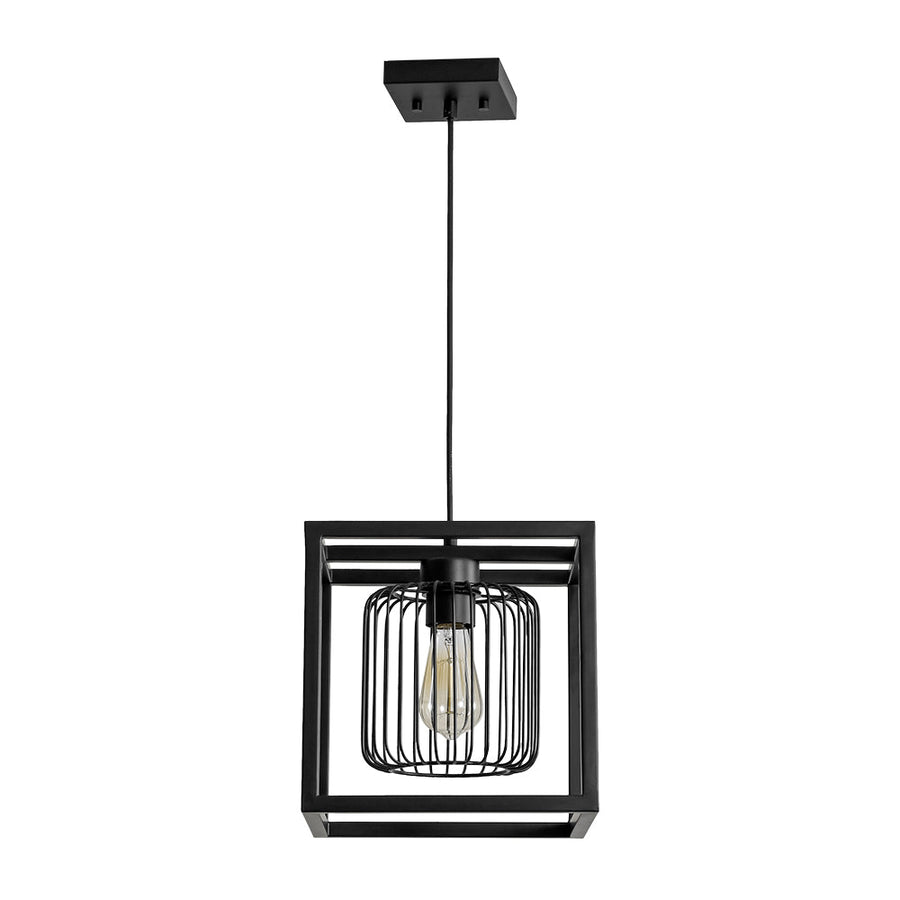 LightFixturesUSA - Farmhouse Black Dual Cage Square Lantern Pendant Light - Pendant Light - Black - 