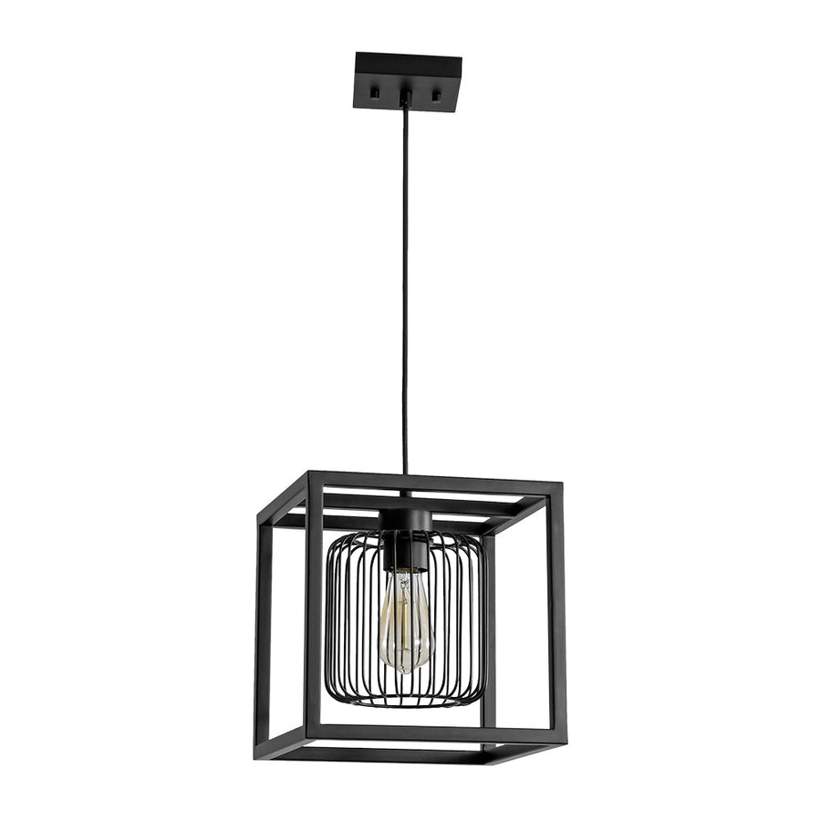 LightFixturesUSA - Farmhouse Black Dual Cage Square Lantern Pendant Light - Pendant Light - Black - 