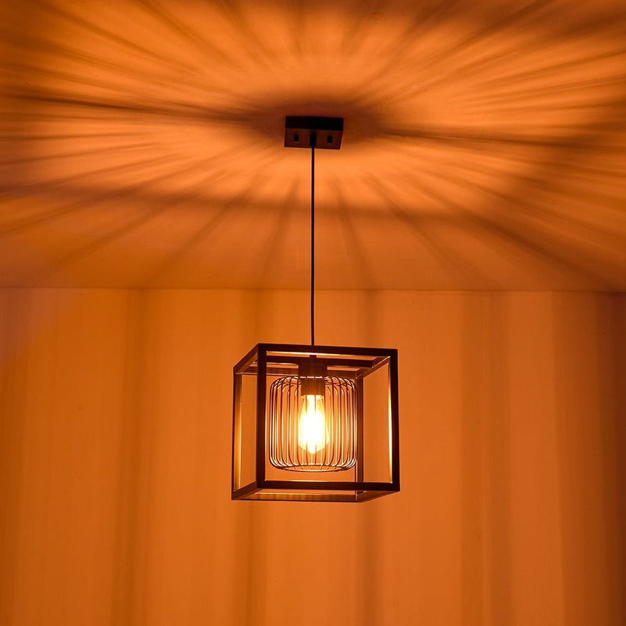 LightFixturesUSA - Farmhouse Black Dual Cage Square Lantern Pendant Light - Pendant Light - Black - 