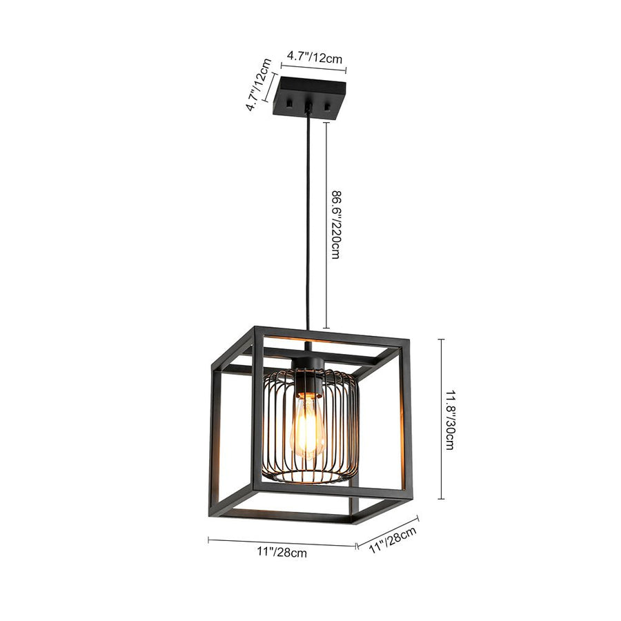 LightFixturesUSA - Farmhouse Black Dual Cage Square Lantern Pendant Light - Pendant Light - Black - 