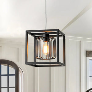 LightFixturesUSA - Farmhouse Black Dual Cage Square Lantern Pendant Light - Pendant Light - Black - 