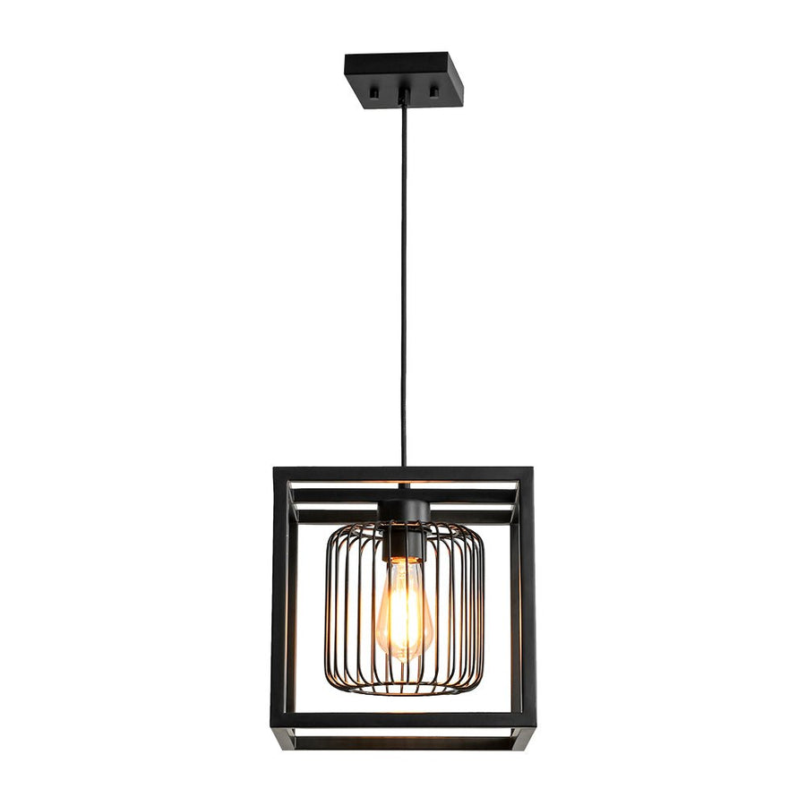 LightFixturesUSA - Farmhouse Black Dual Cage Square Lantern Pendant Light - Pendant Light - Black - 