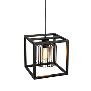 LightFixturesUSA - Farmhouse Black Dual Cage Square Lantern Pendant Light - Pendant Light - Black - 