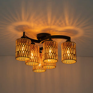 LightFixturesUSA - Farmhouse Bohemian Woven Brown Rope Cage Ceiling Light - Ceiling Light - 3 - Lt - 