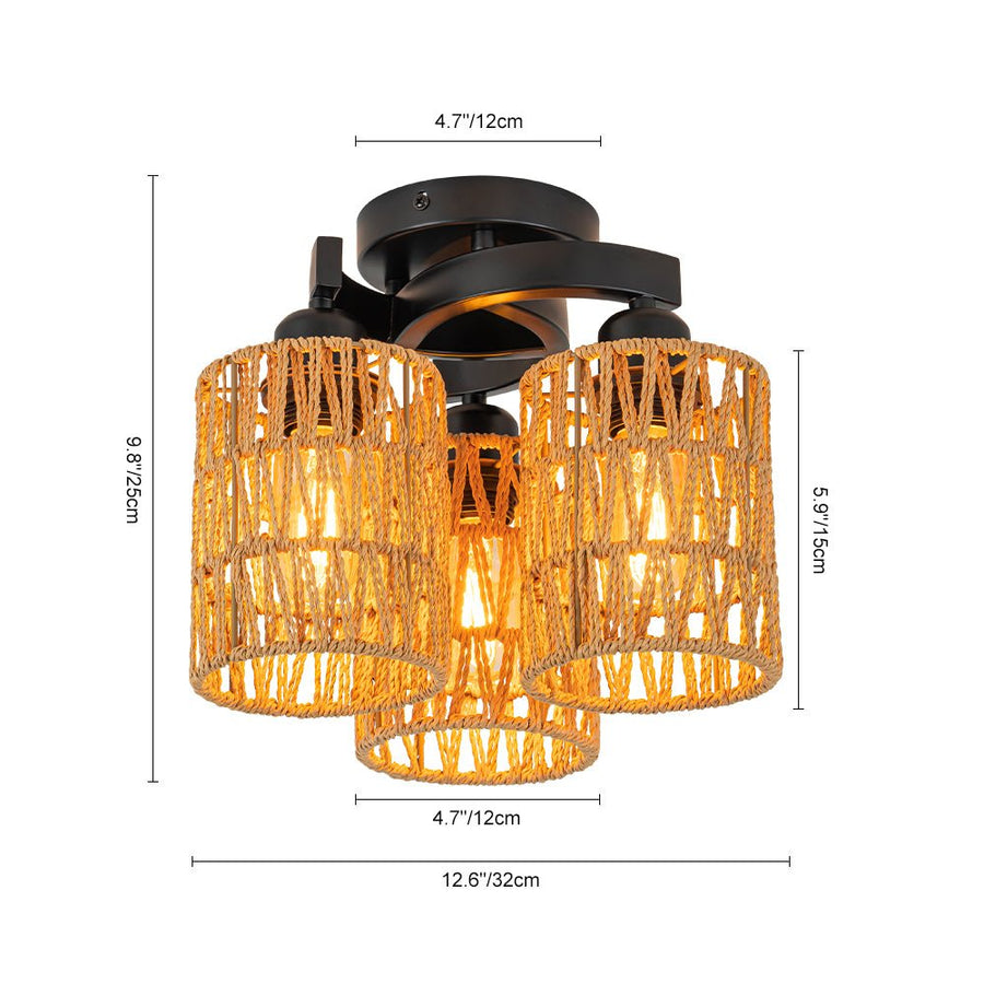 LightFixturesUSA - Farmhouse Bohemian Woven Brown Rope Cage Ceiling Light - Ceiling Light - 3 - Lt - 