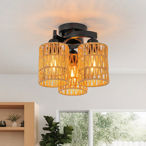 LightFixturesUSA - Farmhouse Bohemian Woven Brown Rope Cage Ceiling Light - Ceiling Light - 3 - Lt - 