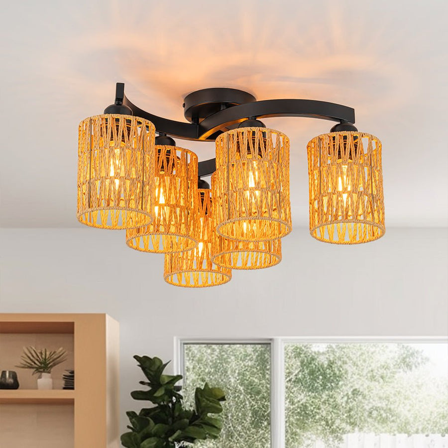 LightFixturesUSA - Farmhouse Bohemian Woven Brown Rope Cage Ceiling Light - Ceiling Light - 6 - Lt - 