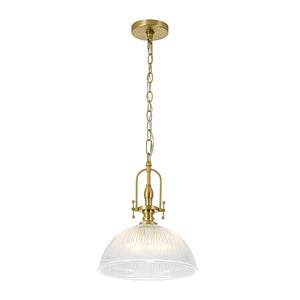 LightFixturesUSA-Farmhouse Brass 1-Light Clear Ribbed Glass Dome Pendant-Pendant Light-11.8 in-