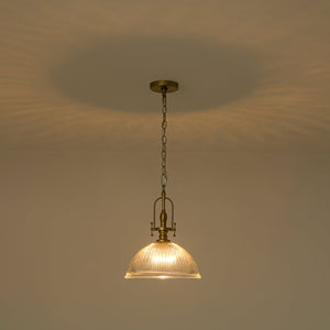 LightFixturesUSA-Farmhouse Brass 1-Light Clear Ribbed Glass Dome Pendant-Pendant Light-11.8 in-