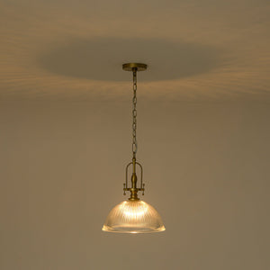 LightFixturesUSA-Farmhouse Brass 1-Light Clear Ribbed Glass Dome Pendant-Pendant Light-11.8 in-