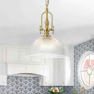 LightFixturesUSA-Farmhouse Brass 1-Light Clear Ribbed Glass Dome Pendant-Pendant Light-11.8 in-