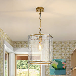 LightFixturesUSA - Farmhouse Clear Textured Glass Cylinder Cage Pendant - Pendant Light - Brass - 