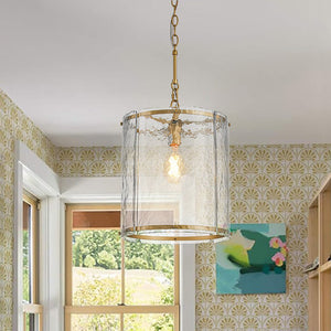 LightFixturesUSA - Farmhouse Clear Textured Glass Cylinder Cage Pendant - Pendant Light - Brass - 