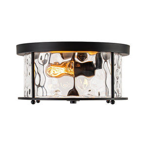 LightFixturesUSA - Farmhouse Hammered Glass Round Drum Flush Mount Light - Ceiling Light - Black - 