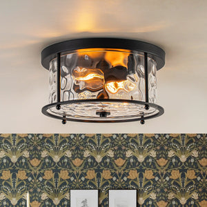LightFixturesUSA-Farmhouse Hammered Glass Round Drum Flush Mount Light-Ceiling Light-Black-