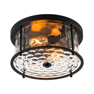 LightFixturesUSA - Farmhouse Hammered Glass Round Drum Flush Mount Light - Ceiling Light - Black - 