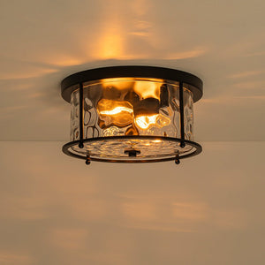 LightFixturesUSA - Farmhouse Hammered Glass Round Drum Flush Mount Light - Ceiling Light - Black - 