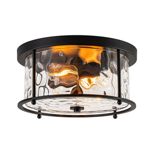 LightFixturesUSA - Farmhouse Hammered Glass Round Drum Flush Mount Light - Ceiling Light - Black - 