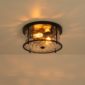 LightFixturesUSA - Farmhouse Hammered Glass Round Drum Flush Mount Light - Ceiling Light - Black - 
