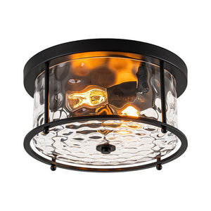LightFixturesUSA - Farmhouse Hammered Glass Round Drum Flush Mount Light - Ceiling Light - Black - 