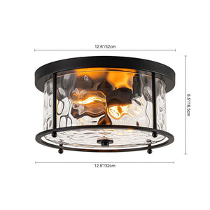 LightFixturesUSA - Farmhouse Hammered Glass Round Drum Flush Mount Light - Ceiling Light - Black - 