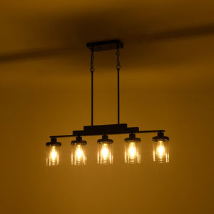 LightFixturesUSA - Farmhouse Linear Glass Wooden Kitchen Island Ceiling Light - Chandelier - 5 - Lt - 