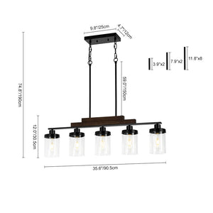 LightFixturesUSA - Farmhouse Linear Glass Wooden Kitchen Island Ceiling Light - Chandelier - 5 - Lt - 