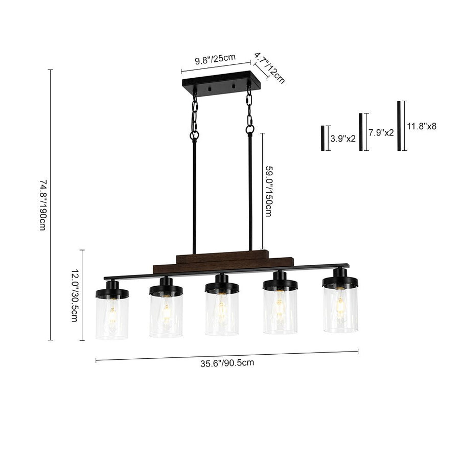 LightFixturesUSA - Farmhouse Linear Glass Wooden Kitchen Island Ceiling Light - Chandelier - 5 - Lt - 