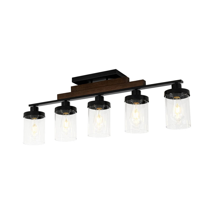 LightFixturesUSA - Farmhouse Linear Glass Wooden Kitchen Island Ceiling Light - Chandelier - 5 - Lt - 