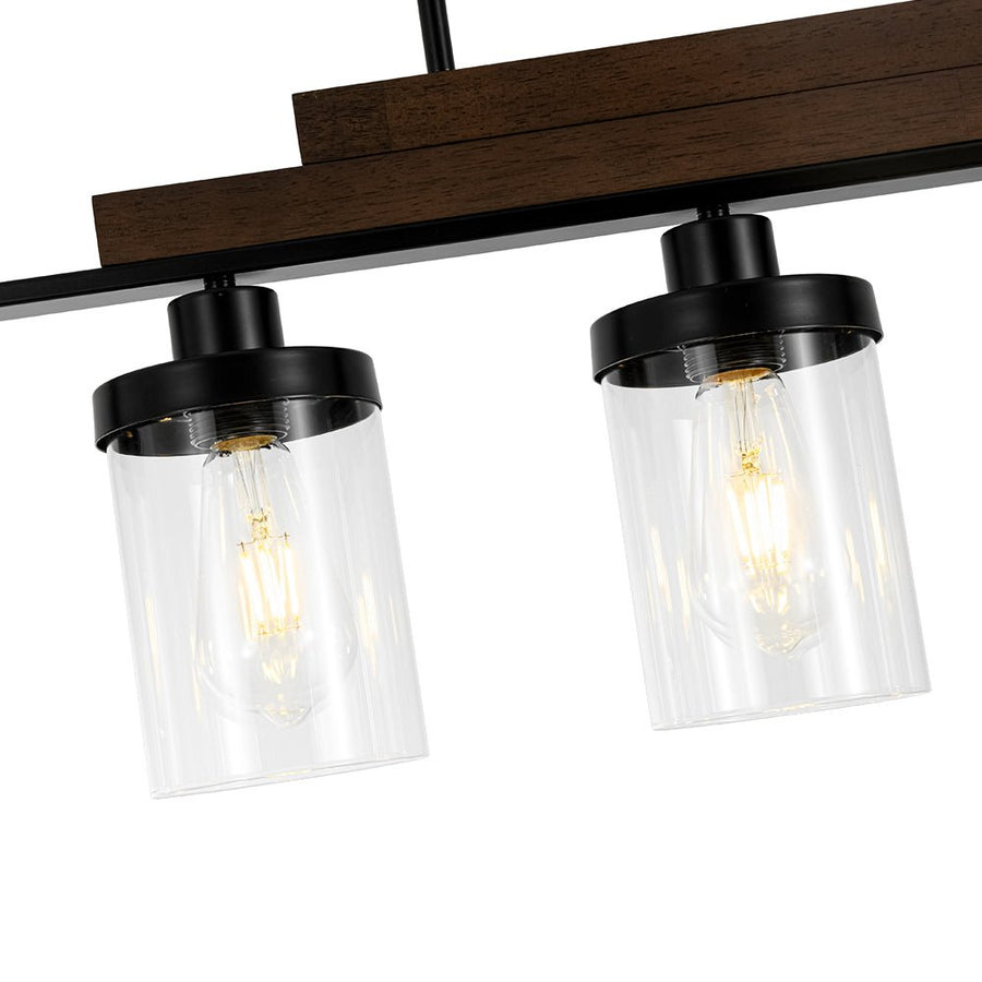 LightFixturesUSA - Farmhouse Linear Glass Wooden Kitchen Island Ceiling Light - Chandelier - 5 - Lt - 