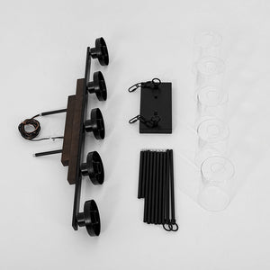 LightFixturesUSA - Farmhouse Linear Glass Wooden Kitchen Island Ceiling Light - Chandelier - 5 - Lt - 