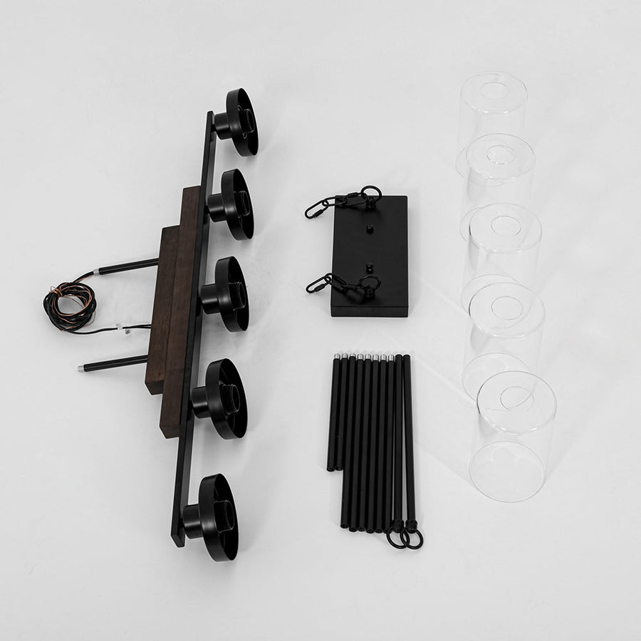 LightFixturesUSA - Farmhouse Linear Glass Wooden Kitchen Island Ceiling Light - Chandelier - 5 - Lt - 