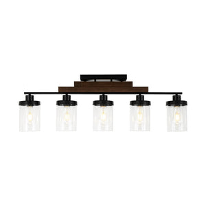 LightFixturesUSA - Farmhouse Linear Glass Wooden Kitchen Island Ceiling Light - Chandelier - 5 - Lt - 