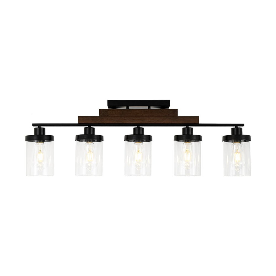 LightFixturesUSA - Farmhouse Linear Glass Wooden Kitchen Island Ceiling Light - Chandelier - 5 - Lt - 