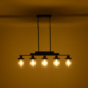 LightFixturesUSA - Farmhouse Linear Glass Wooden Kitchen Island Ceiling Light - Chandelier - 5 - Lt - 