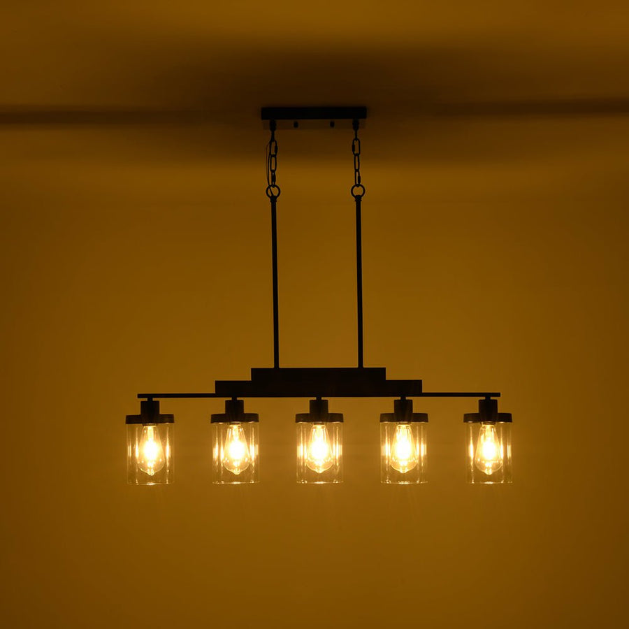 LightFixturesUSA - Farmhouse Linear Glass Wooden Kitchen Island Ceiling Light - Chandelier - 5 - Lt - 