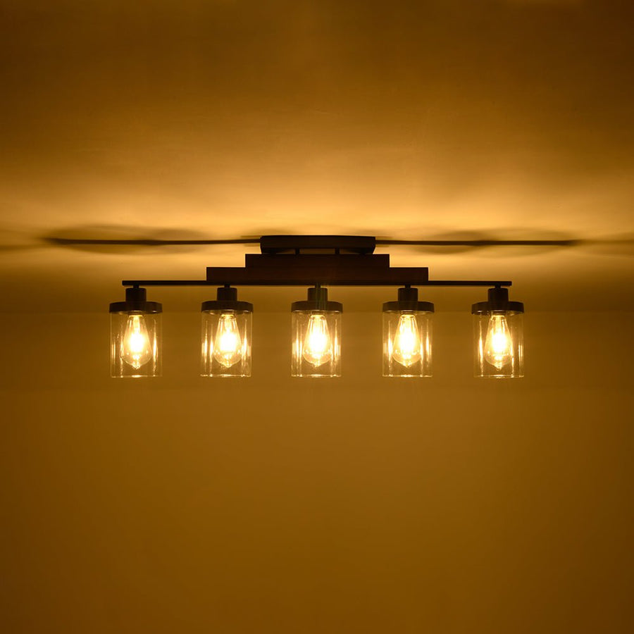 LightFixturesUSA - Farmhouse Linear Glass Wooden Kitchen Island Ceiling Light - Chandelier - 5 - Lt - 