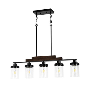 LightFixturesUSA - Farmhouse Linear Glass Wooden Kitchen Island Ceiling Light - Chandelier - 5 - Lt - 