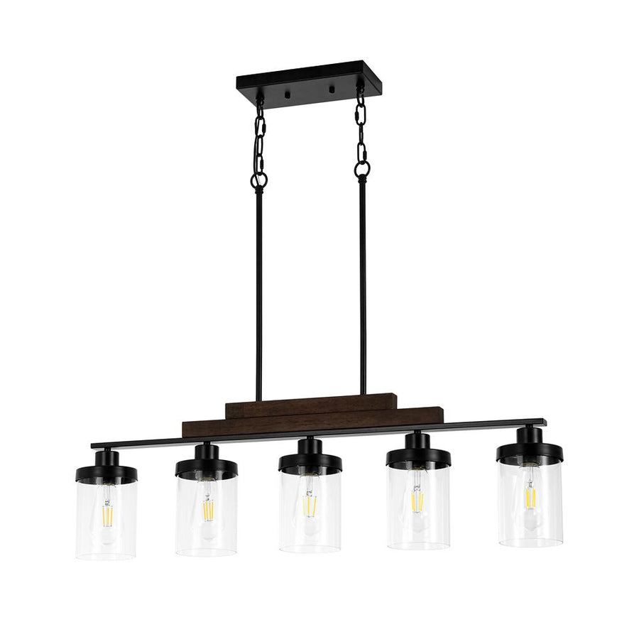 LightFixturesUSA - Farmhouse Linear Glass Wooden Kitchen Island Ceiling Light - Chandelier - 5 - Lt - 