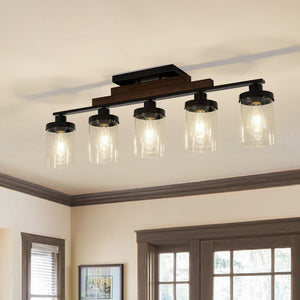 LightFixturesUSA - Farmhouse Linear Glass Wooden Kitchen Island Ceiling Light - Chandelier - 5 - Lt - 