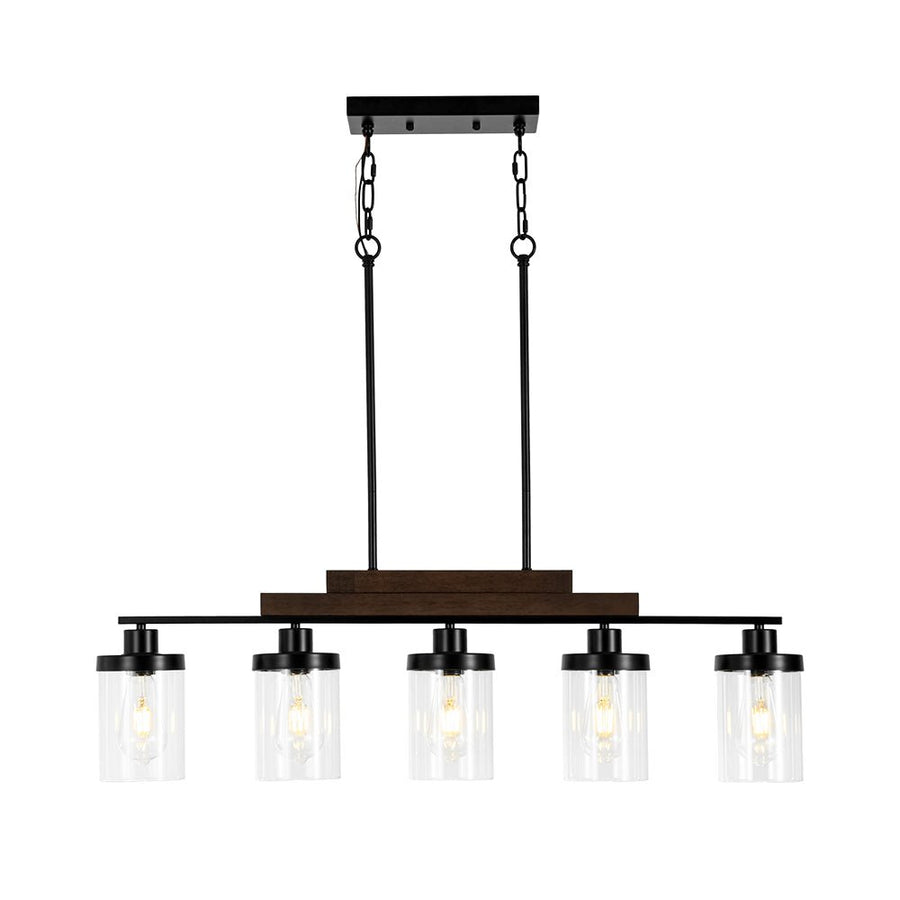 LightFixturesUSA - Farmhouse Linear Glass Wooden Kitchen Island Ceiling Light - Chandelier - 5 - Lt - 