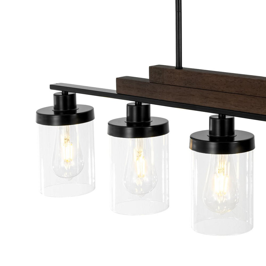 LightFixturesUSA - Farmhouse Linear Glass Wooden Kitchen Island Ceiling Light - Chandelier - 5 - Lt - 