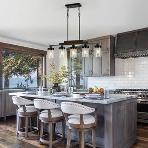 LightFixturesUSA - Farmhouse Linear Glass Wooden Kitchen Island Ceiling Light - Chandelier - 5 - Lt - 