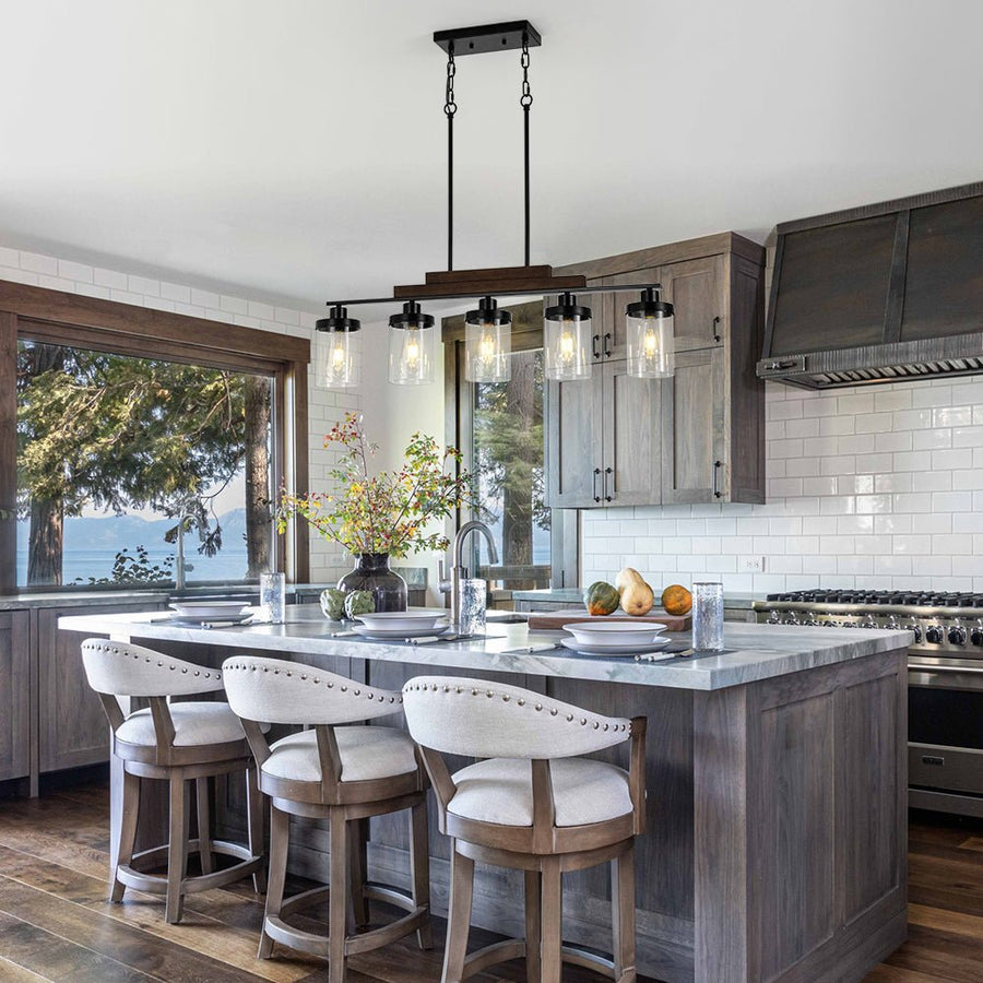 LightFixturesUSA - Farmhouse Linear Glass Wooden Kitchen Island Ceiling Light - Chandelier - 5 - Lt - 