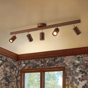 LightFixturesUSA-Farmhouse Walnut Wood 4-Light Linear Semi Flush Track Light-Ceiling Light-5-Lt-