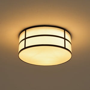 LightFixturesUSA-Farmhouse White Linen Fabric Drum Cage Flush Mount Light-Ceiling Light-15.7 in-