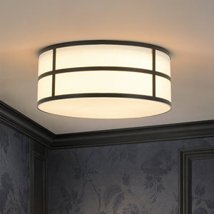 LightFixturesUSA-Farmhouse White Linen Fabric Drum Cage Flush Mount Light-Ceiling Light-15.7 in-