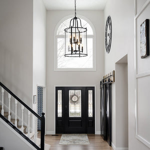 LightFixturesUSA - Farmhouse Wide Clear Glass Cylinder Cage Pendant - Chandelier - Black - 