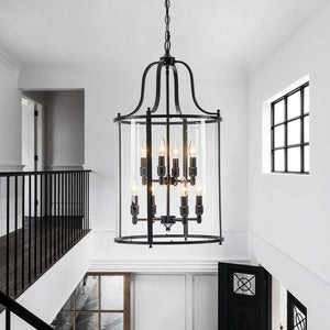 LightFixturesUSA - Farmhouse Wide Clear Glass Cylinder Cage Pendant - Chandelier - Black - 