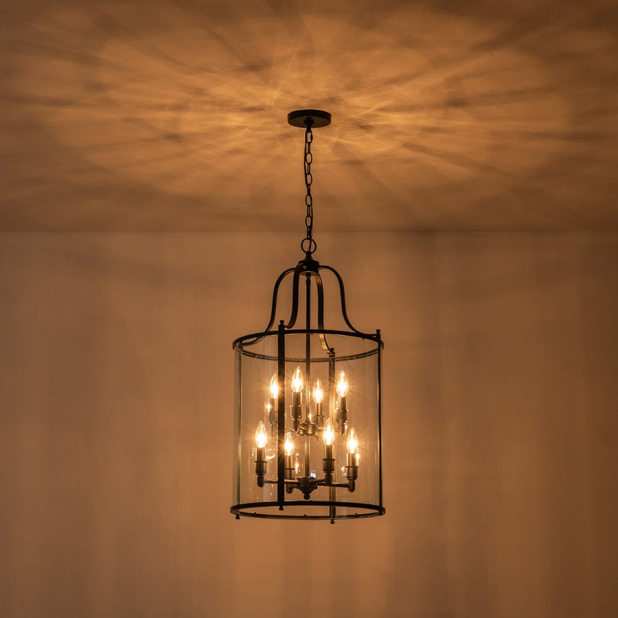 LightFixturesUSA - Farmhouse Wide Clear Glass Cylinder Cage Pendant - Chandelier - Black - 